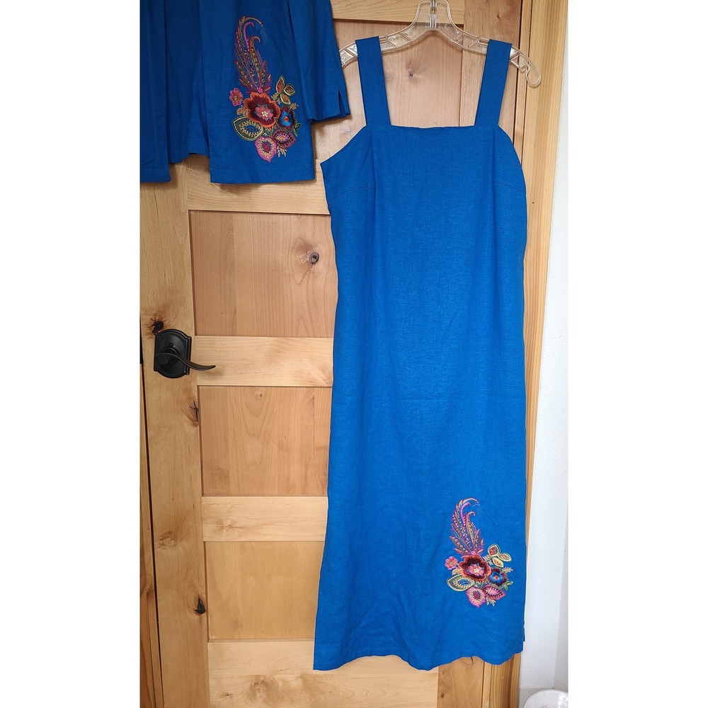 Vintage Dana Kay Linen Rayon 10 Blue Embroidered Dress & Jacket Set Boho Bright - Picture 4 of 13
